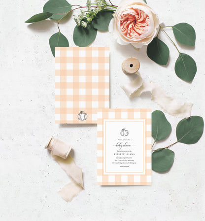 Gingham Peach Pumpkin | Printable Baby Shower Invitation Suite