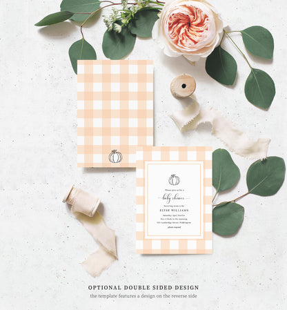 Gingham Peach Pumpkin | Printable Baby Shower Invitation Suite