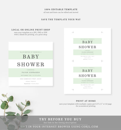 Stripe Mint Green | Printable Baby Shower Invitation - Black Bow Studio