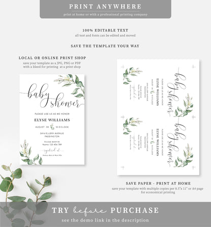 Muted Greenery | Printable Baby Shower Invitation Suite