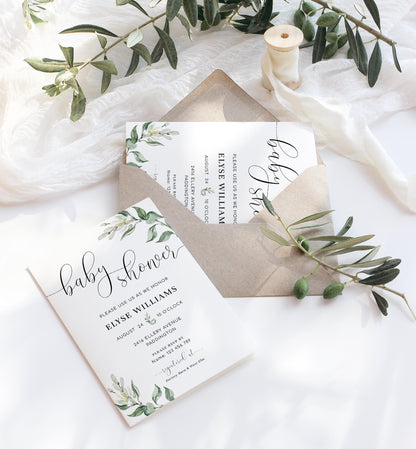 Muted Greenery | Printable Baby Shower Invitation Suite