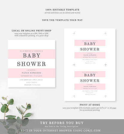 Stripe Pink | Printable Baby Shower Invitation - Black Bow Studio