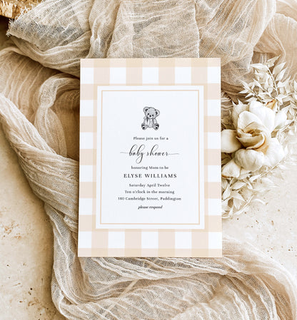 Gingham Tan Bear | Printable Baby Shower Invitation Template