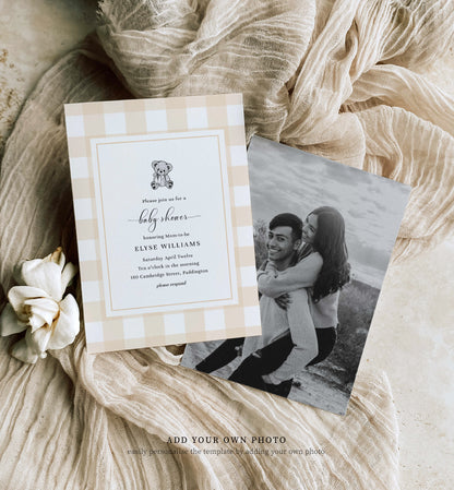 Gingham Tan Bear | Printable Baby Shower Invitation Template