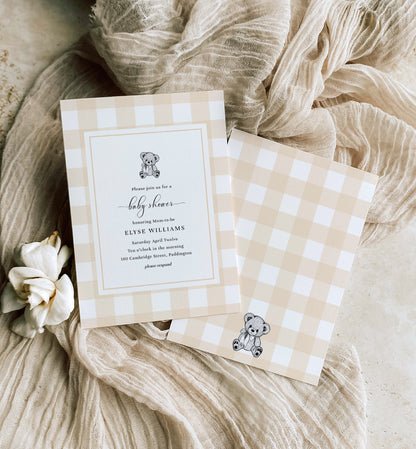 Gingham Tan Bear | Printable Baby Shower Invitation Template