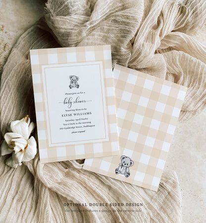 Gingham Tan Bear | Printable Baby Shower Invitation Template