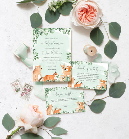 Woodland Animals Green | Printable Baby Shower Invitation Suite