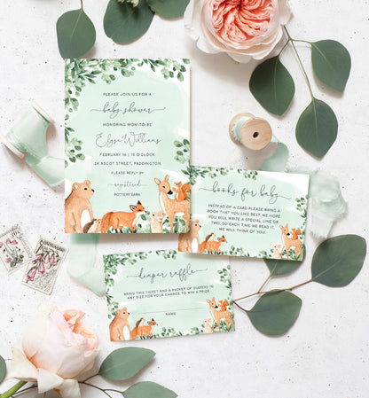 Woodland Animals Green | Printable Baby Shower Invitation Suite