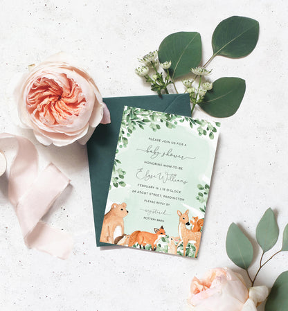 Woodland Animals Green | Printable Baby Shower Invitation Suite