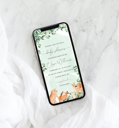 Woodland Animals Green | Smartphone Baby Shower Invitation Template