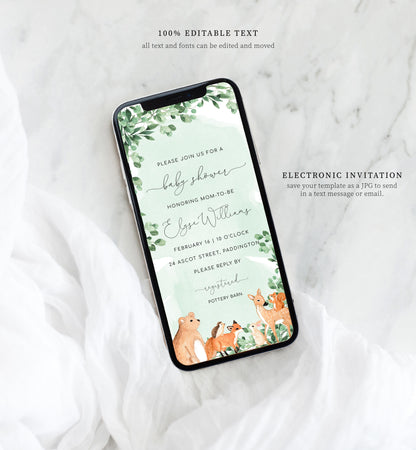 Woodland Animals Green | Smartphone Baby Shower Invitation Template