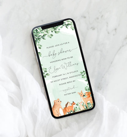 Woodland Animals Green | Smartphone Baby Shower Invitation Template