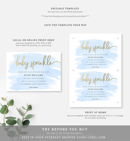 Watercolour Blue | Printable Baby Sprinkle Invitation - Black Bow Studio