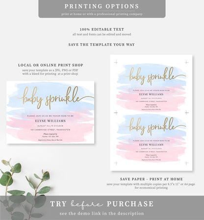 Watercolour Pink Blue | Printable Baby Sprinkle Invitation