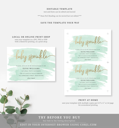 Watercolour Green | Printable Baby Sprinkle Invitation - Black Bow Studio