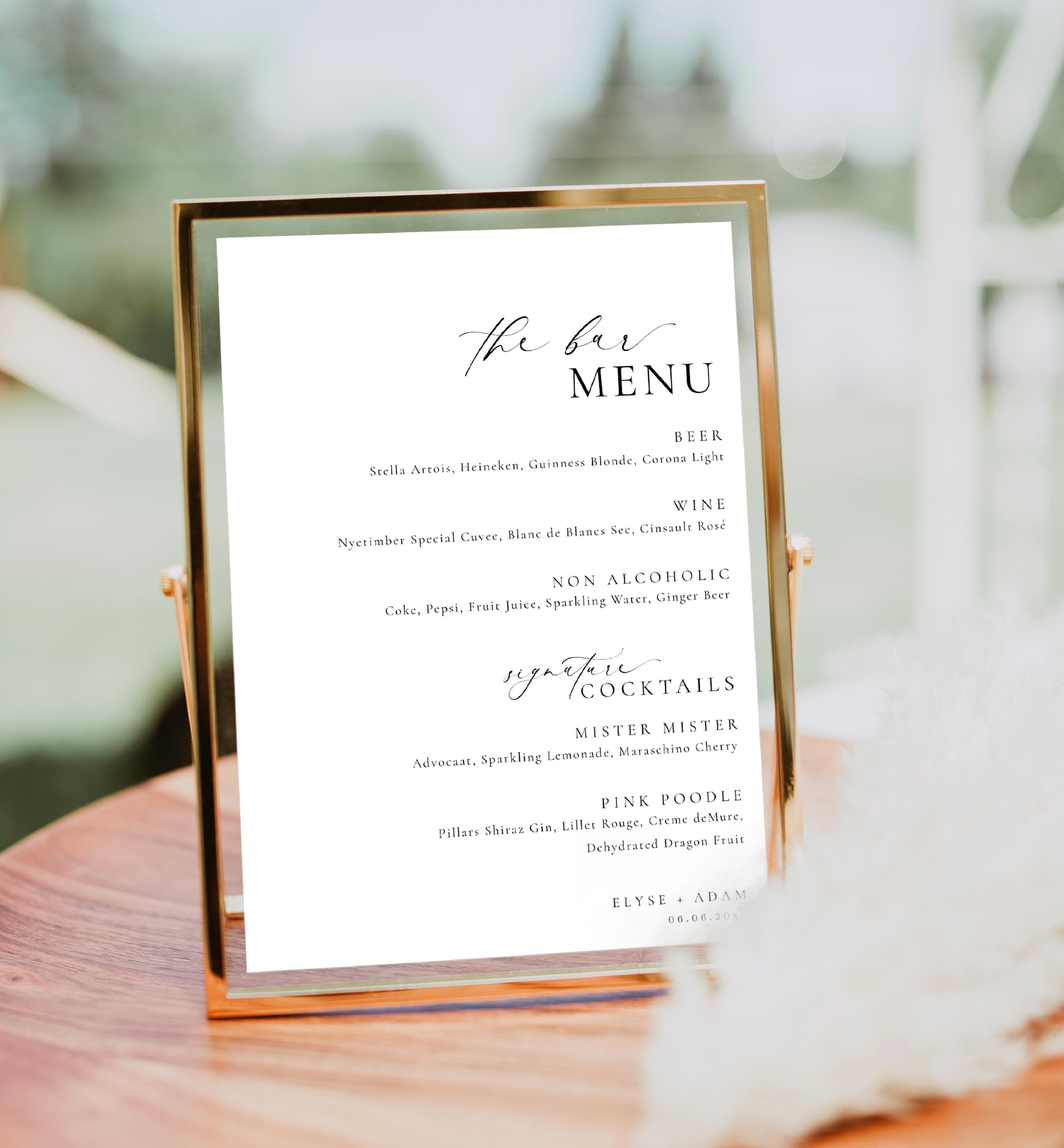 Ellesmere White | Printable Bar Menu Sign Template – Black Bow Studio