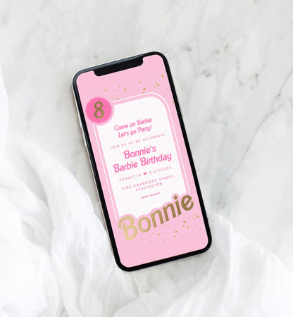 Barbie Party Pink Gold | Smartphone Birthday Invitation Template - Black Bow Studio