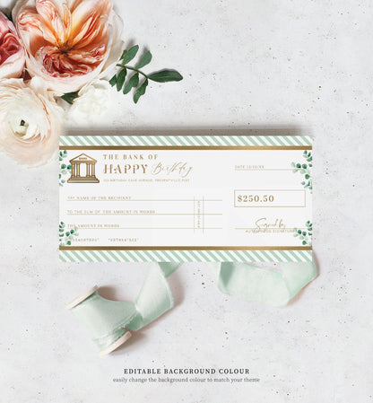 Ferras Green Gold | Printable Birthday Cheque Gift Voucher Template