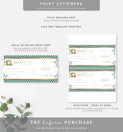 Ferras Green Gold | Printable Birthday Cheque Gift Voucher Template