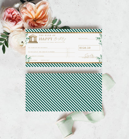 Ferras Green Gold | Printable Birthday Cheque Gift Voucher Template