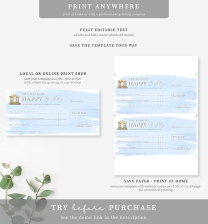 Watercolour Blue | Printable Birthday Cheque Gift Voucher Template