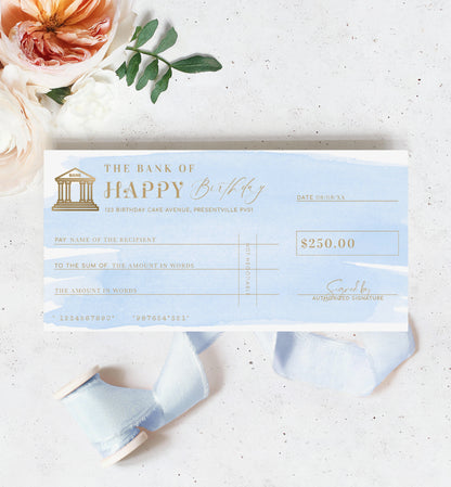 Watercolour Blue | Printable Birthday Cheque Gift Voucher Template