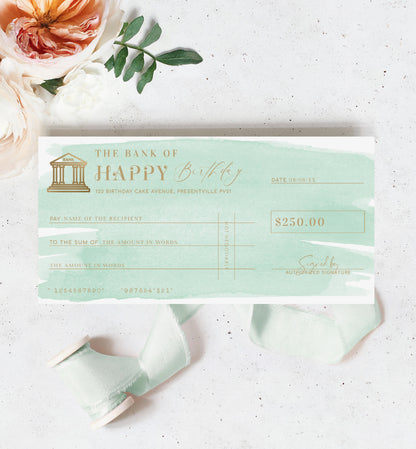 Watercolour Green | Printable Birthday Cheque Gift Voucher Template