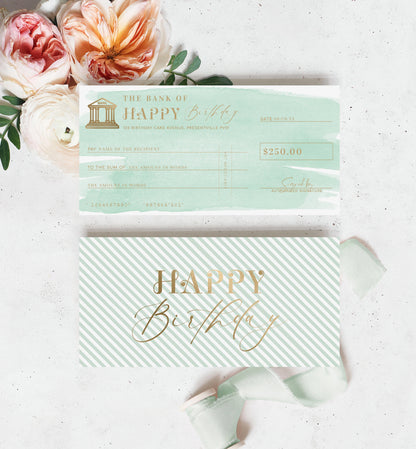 Watercolour Green | Printable Birthday Cheque Gift Voucher Template