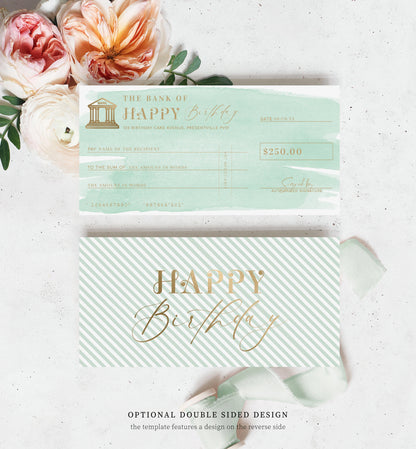 Watercolour Green | Printable Birthday Cheque Gift Voucher Template