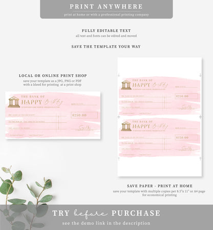 Watercolour Pink | Printable Birthday Cheque Gift Voucher Template