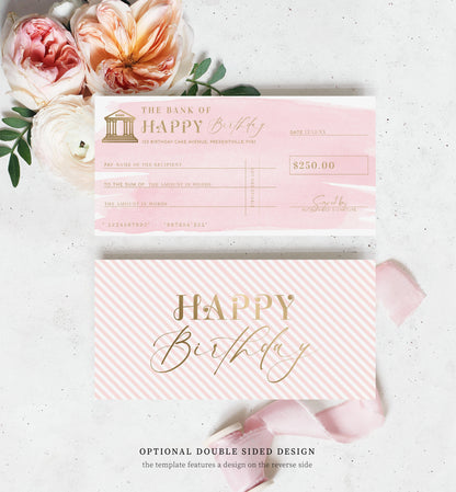 Watercolour Pink | Printable Birthday Cheque Gift Voucher Template