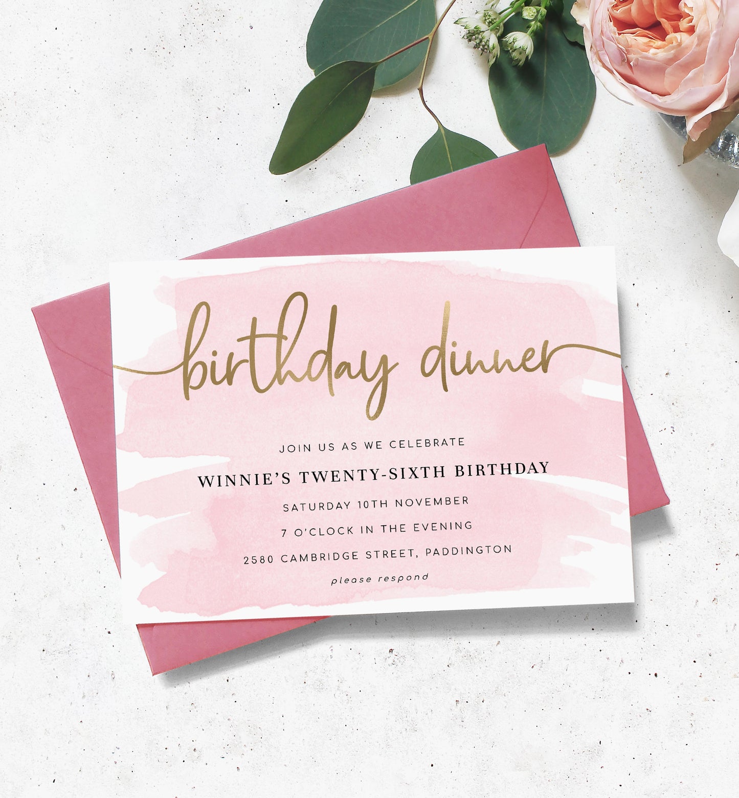 Watercolour Pink | Printable Birthday Dinner Invitation - Black Bow Studio