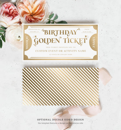 Printable Birthday Golden Ticket Custom Gift Voucher Template, Birthday Gift Certificate, Unisex Birthday Printable Present Coupon, Margo