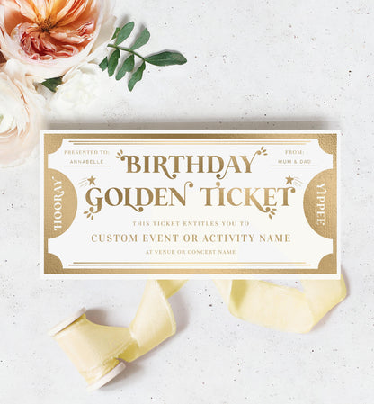 Printable Birthday Golden Ticket Custom Gift Voucher Template, Birthday Gift Certificate, Unisex Birthday Printable Present Coupon, Margo