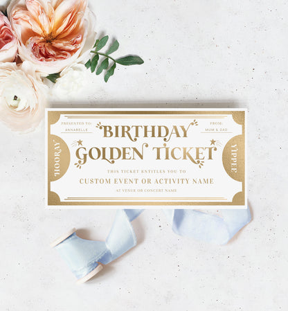 Printable Birthday Golden Ticket Custom Gift Voucher Template, Birthday Gift Certificate, Unisex Birthday Printable Present Coupon, Margo