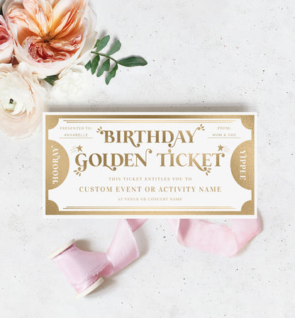 Printable Birthday Golden Ticket Custom Gift Voucher Template, Birthday Gift Certificate, Unisex Birthday Printable Present Coupon, Margo