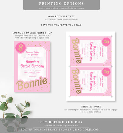 Barbie Party Pink Gold | Printable Birthday Invitation Template - Black Bow Studio