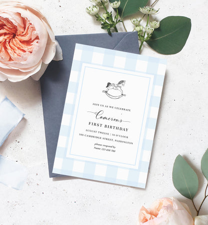 Gingham Blue Rocking Horse | Printable Birthday Invitation Template