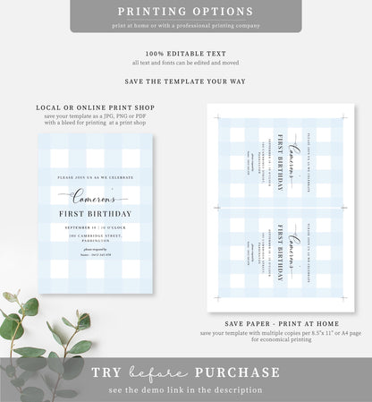 Gingham Blue | Printable Birthday Invitation Template