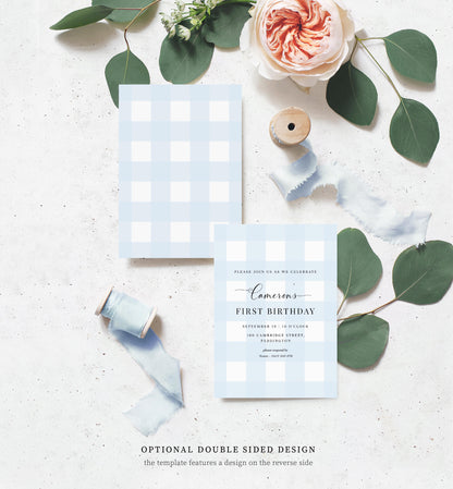 Gingham Blue | Printable Birthday Invitation Template