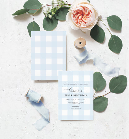 Gingham Blue | Printable Birthday Invitation Template