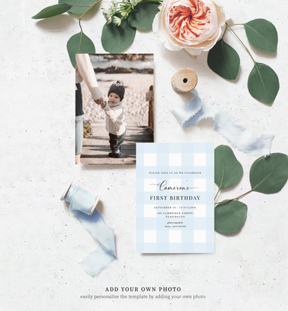 Gingham Blue | Printable Birthday Invitation Template