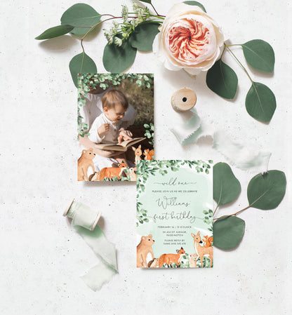 Woodland Animals Green | Printable Birthday Invitation