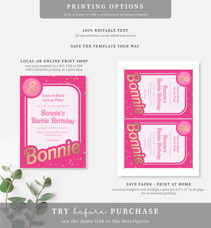 Barbie Party Hot Pink Gold | Printable Birthday Invitation Template