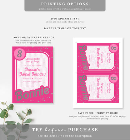 Barbie Party Hot Pink Silver | Printable Birthday Invitation Template