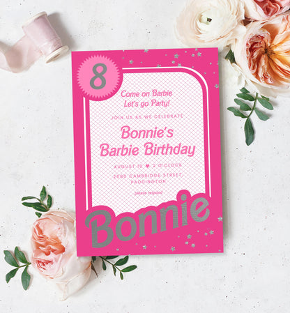 Barbie Party Hot Pink Silver | Printable Birthday Invitation Template