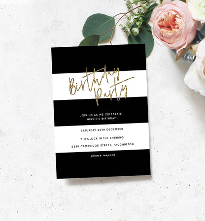 Stripe Black White | Printable Birthday Invitation - Black Bow Studio