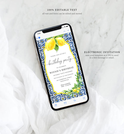 Positano Lemons | Printable Smartphone Birthday Party Invitation Template