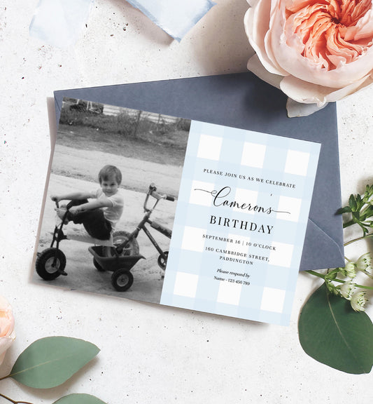 Gingham Blue | Printable Birthday Photo Invitation Template