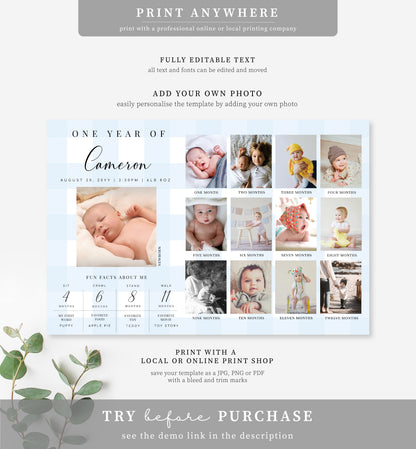 Gingham Blue | Printable Birthday Photo Timeline Sign Template